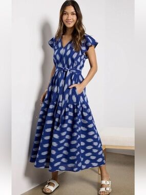 NWT Evereve The Kenley Blue Ikat Maxi Dress With Waist Tie, Flutter Sleeve, M